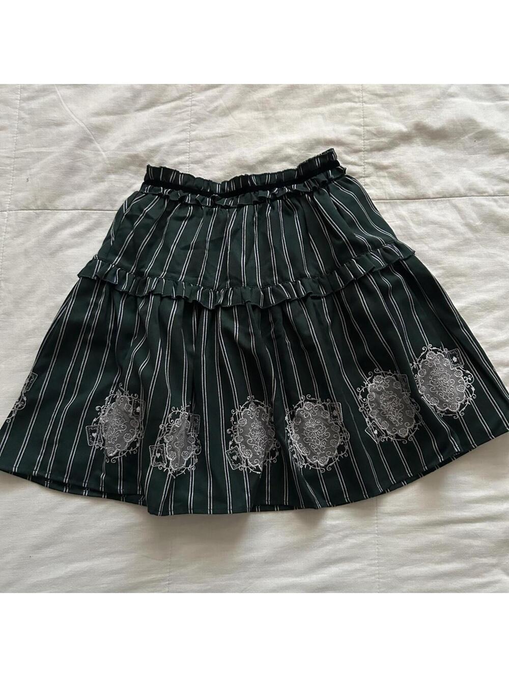 Axes Femme Emerald Green Pinstripe Embroidered Frame Ruffle Skirt Medium